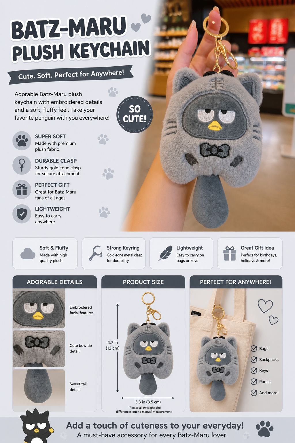 🩶🐧 Badtz-Maru Gray Cat Plush Bag Charm 🐧🩶