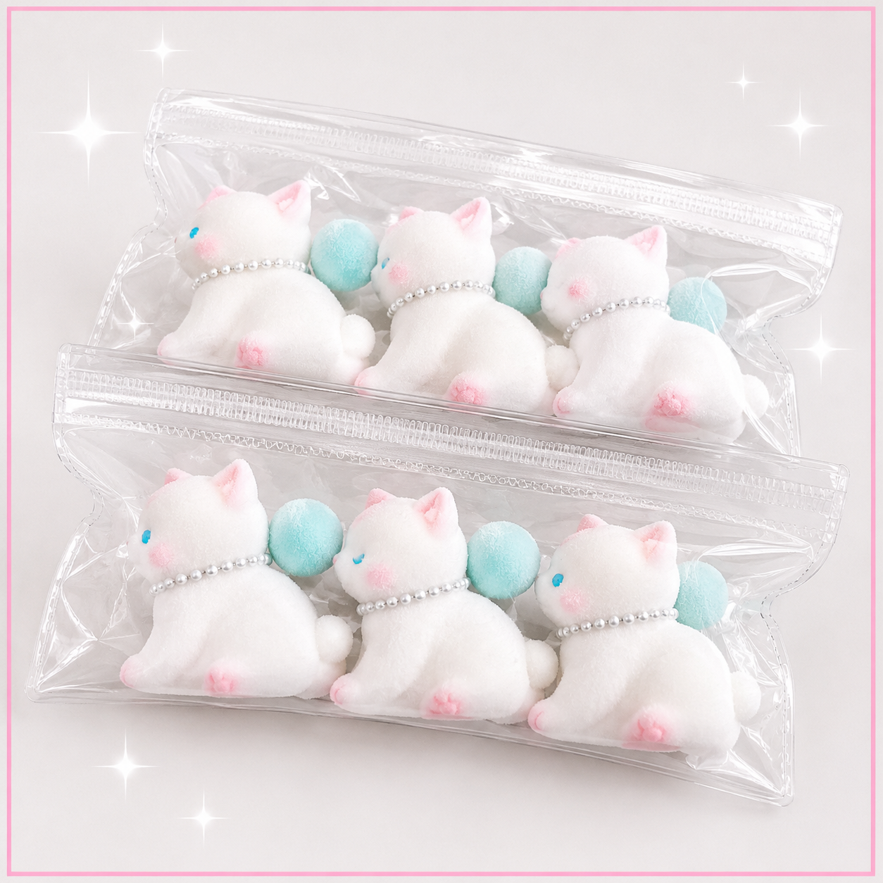 🐱🩵 Kawaii Queue Kittens Squishy with Blue Puff Ball 🎀✨ Soft & Squeezable Fidget Toy