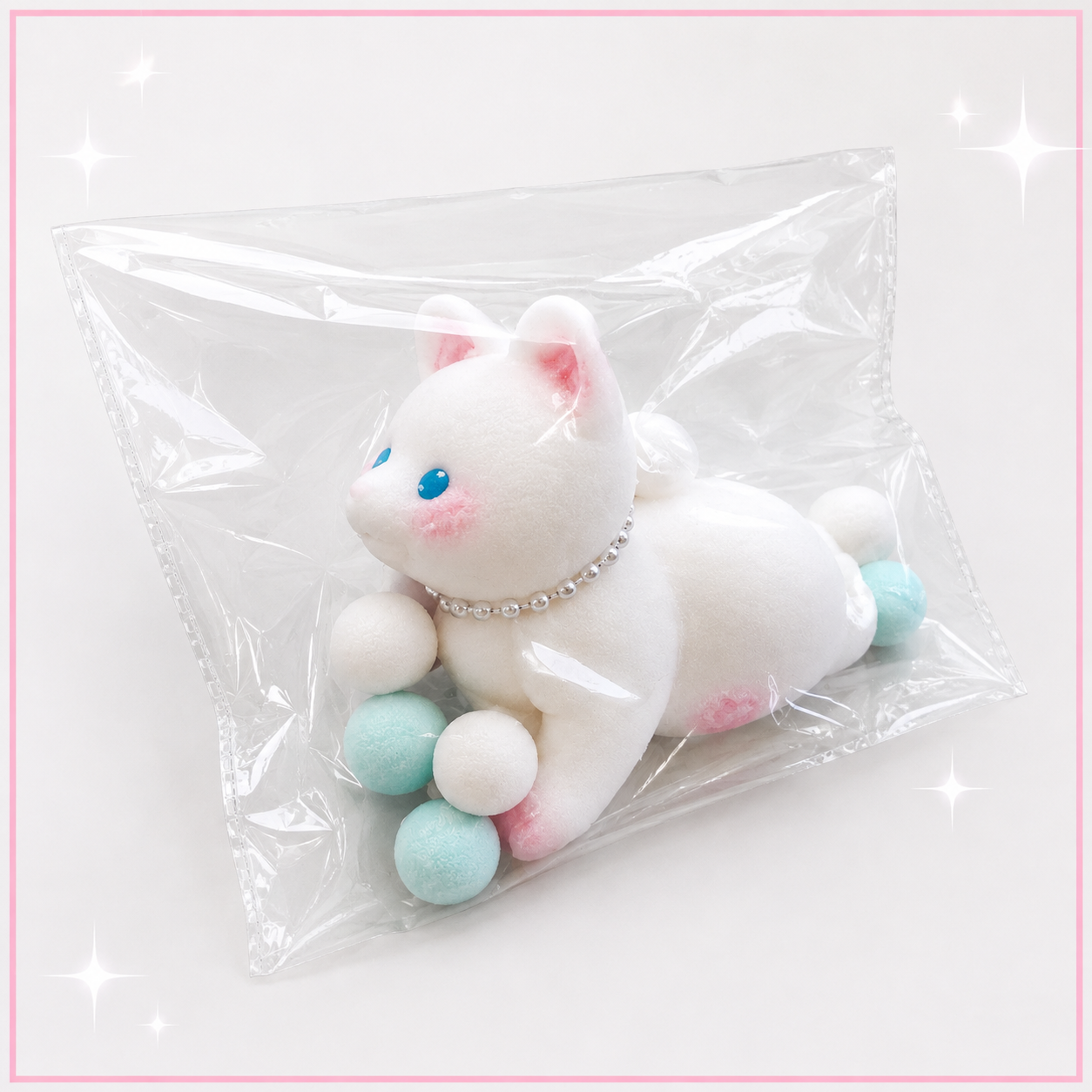 🐱🩵 Kawaii White Cat Squishy with Blue Puff Balls & Pearl Necklace 🎀✨ Soft & Squeezable Fidget Toy