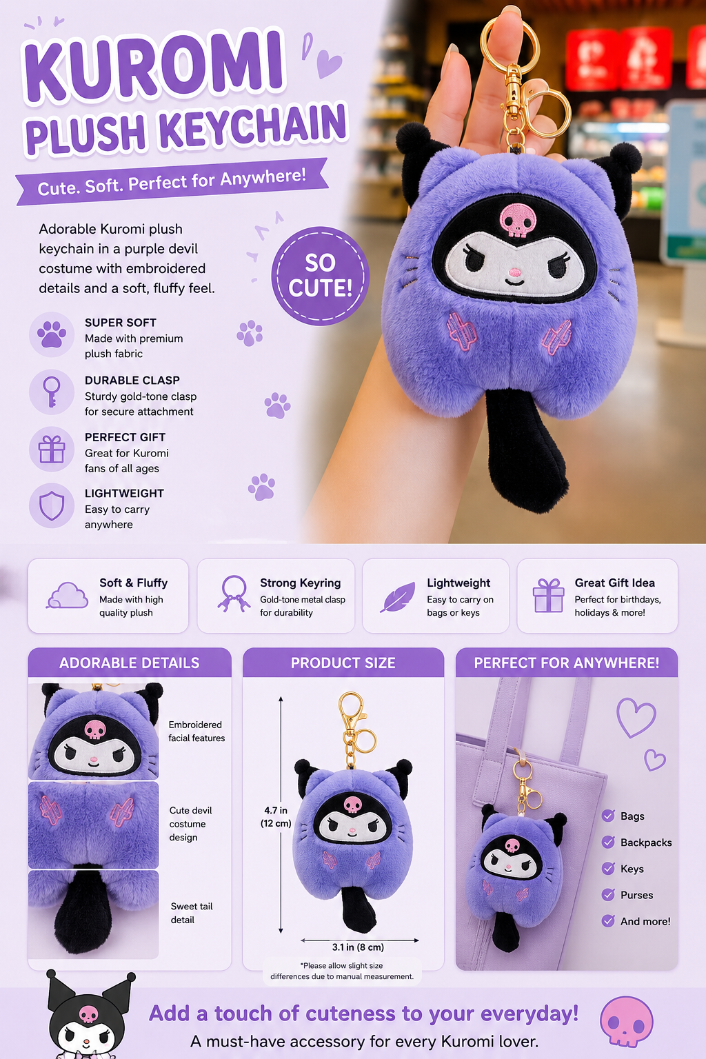 ✨😈 Kuromi Purple Cat Plush Bag Charm 😈✨