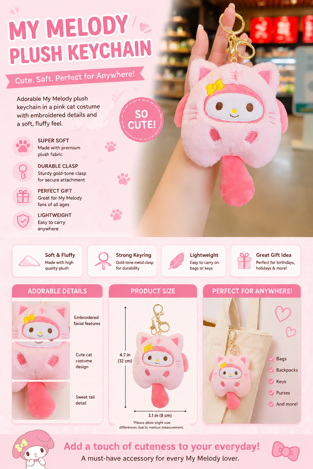 ✨🐱 My Melody Pink Cat Plush Bag Charm 🐱✨