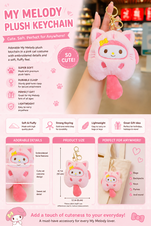<Pre-Order> ✨🐱 My Melody Pink Cat Plush Bag Charm 🐱✨